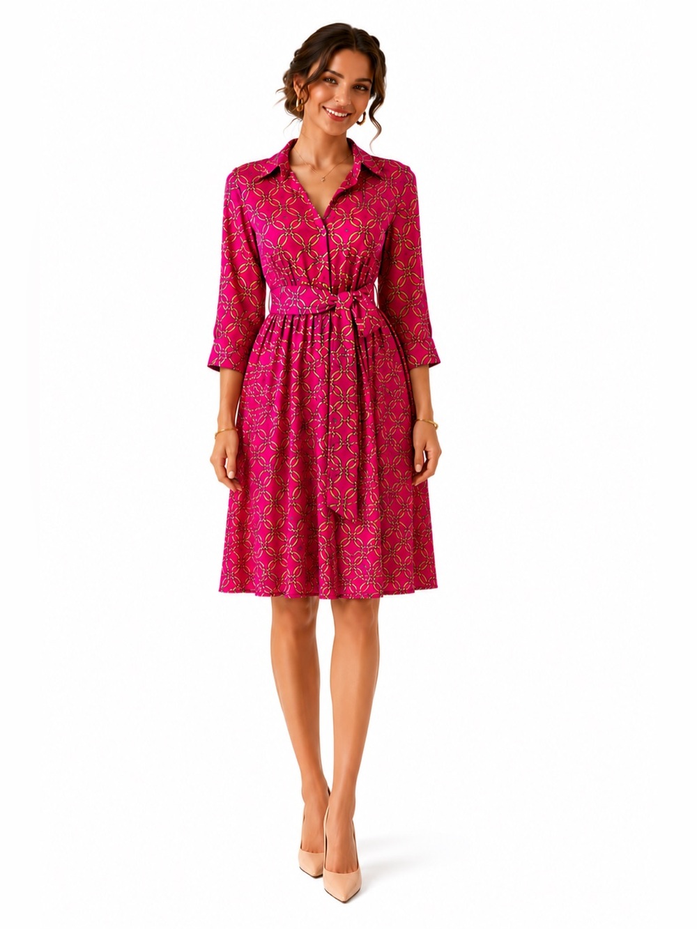 Laundry By Shelli Segal Fuchsia Printed Shirtwaist Midi Dress Ct